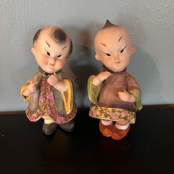 VINTAGE LEFTON BISQUE KEWPIE STYLE ASIAN CHILDREN FIGURINES HAND PAINTED - Picture 1 of 9